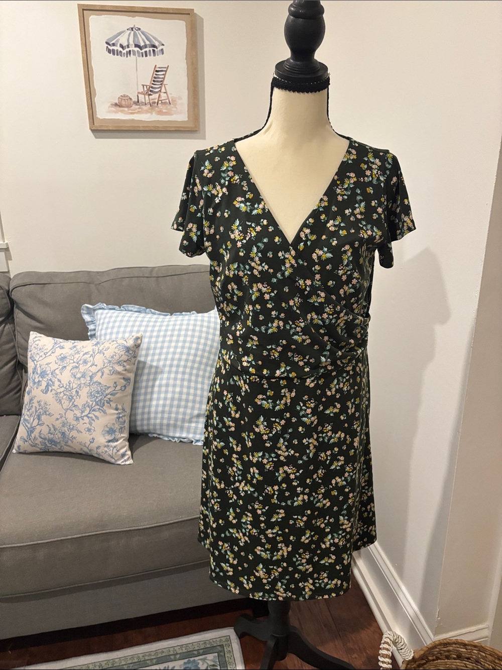 LOFT Dark Green Floral V-Neck Wrap Dress